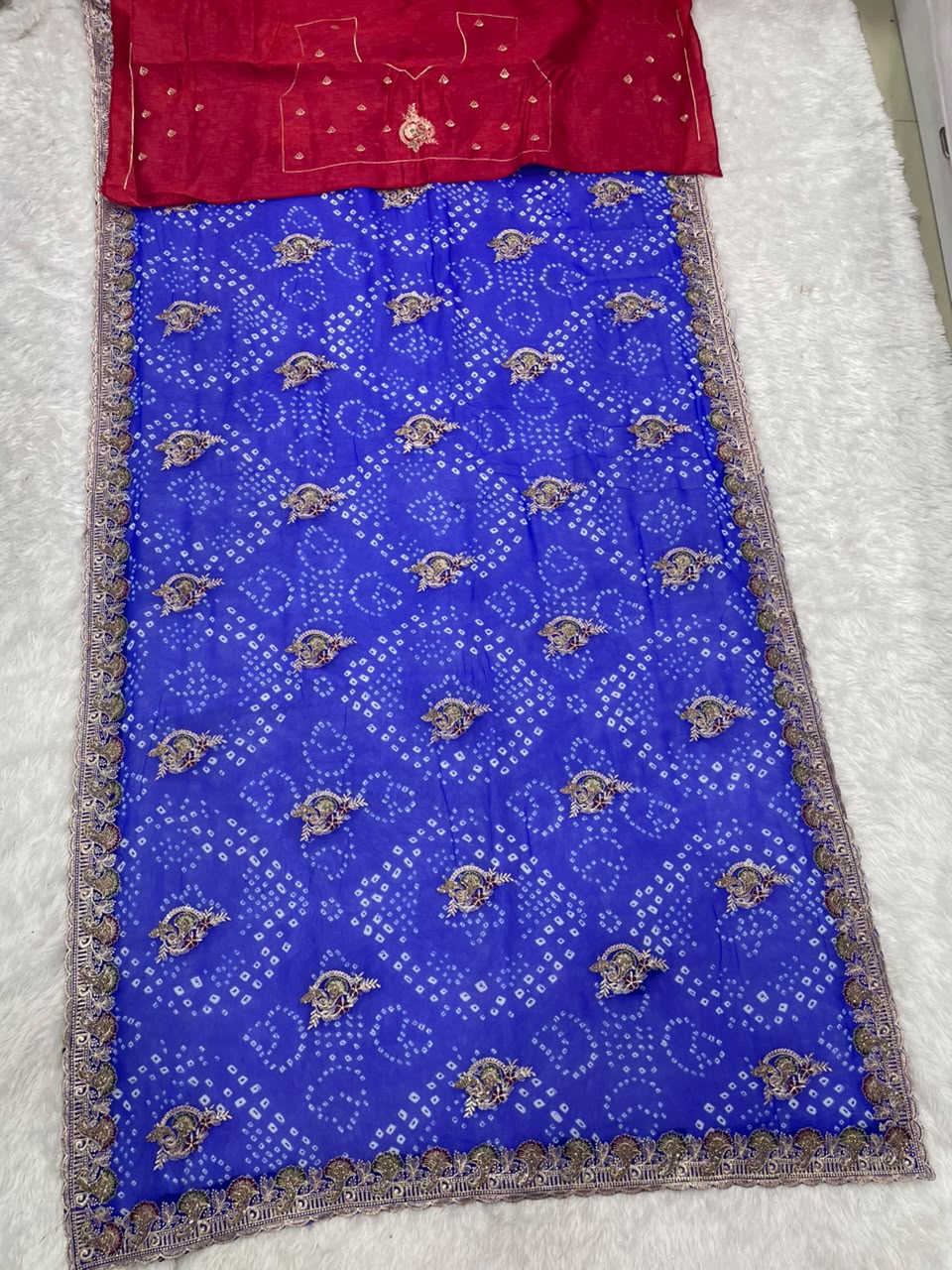 BS-JINGLE BELL PURE CHIFFON FABRIC SAREE WITH BEAUTIFUL DESIGN WITH BANDHANI DESIGN WITH JARKAN WORK WITH CUT WORK WITH BLOUSE