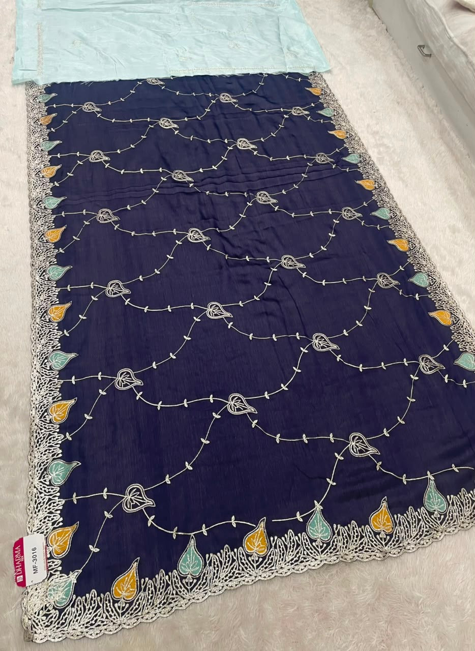 MF-3016 HO SILK FABRIC SAREE WITH BRAUTIFUL DESIGN WITH HEAVY EMBROIDERY WORK WITH LEAF DESIGN ON BORDER WITH BLOUSE