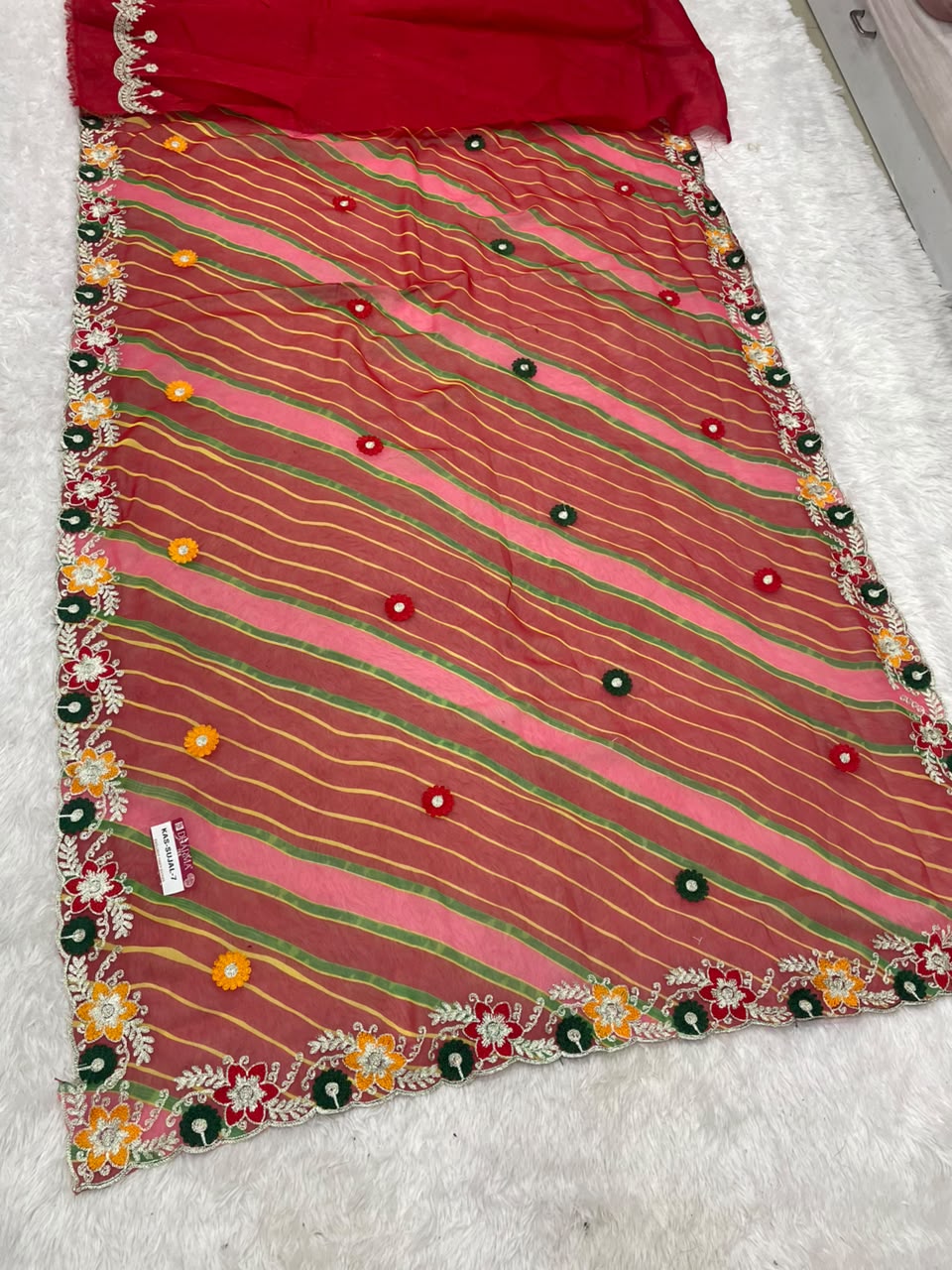 KAS-SUJAL-7 WEIGHTLESS FABRIC SAREE WITH LEHARIYA DESIGN WITH BEAUTIFUL FLORAL DESIGN WITH EMBROIDERY WORK WITH BLOUSE
