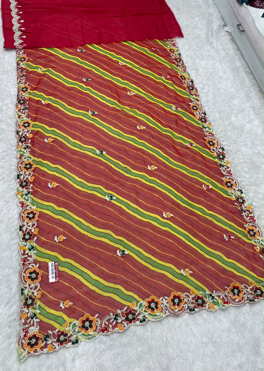 KAS-SUJAL-10 WEIGHTLESS FABRIC SAREE WITH LEHARIYA DESIGN WITH BEAUTIFUL FLORAL DESIGN WITH EMBROIDERY WORK WITH BLOUSE