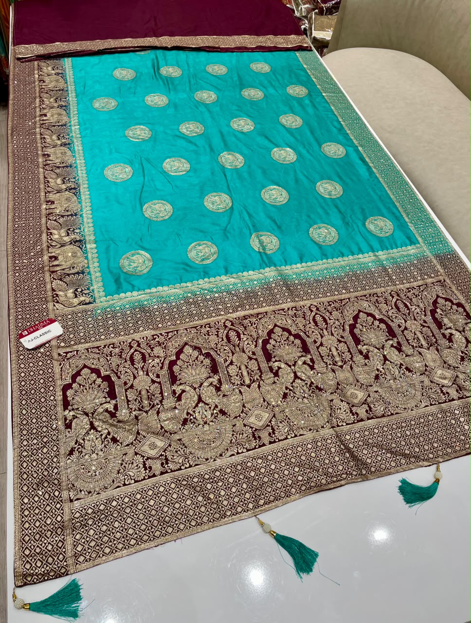 AJ-CLASSIC EUROPEAN DOLA SILK FABRIC SAREE WITH BEAUTIFUL DESIGN WITH DYING WORK WITH DIAMOND WORK AND BEAUTIFUL GAJRAJ AND PEACOCK DESIGN WITH BLOUSE AND TASSELS