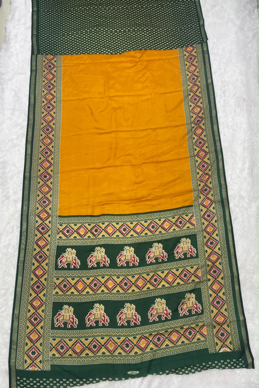 CP-7205 DULL MOSS FABRIC SAREE WITH RICH PALLU DESIGN WITH GAJRAJ DESIGN WITH CONTRAST BORDER AND PALLU WITH BLOUSE