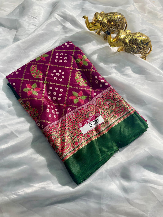 CP-7221 BRIGHT MOSS FABRIC SAREE WITH BEAUTIFUL DESIGN WITH RICH PALLU DESIGN WITH FLORAL PRINT BORDER WITH BLOUSE