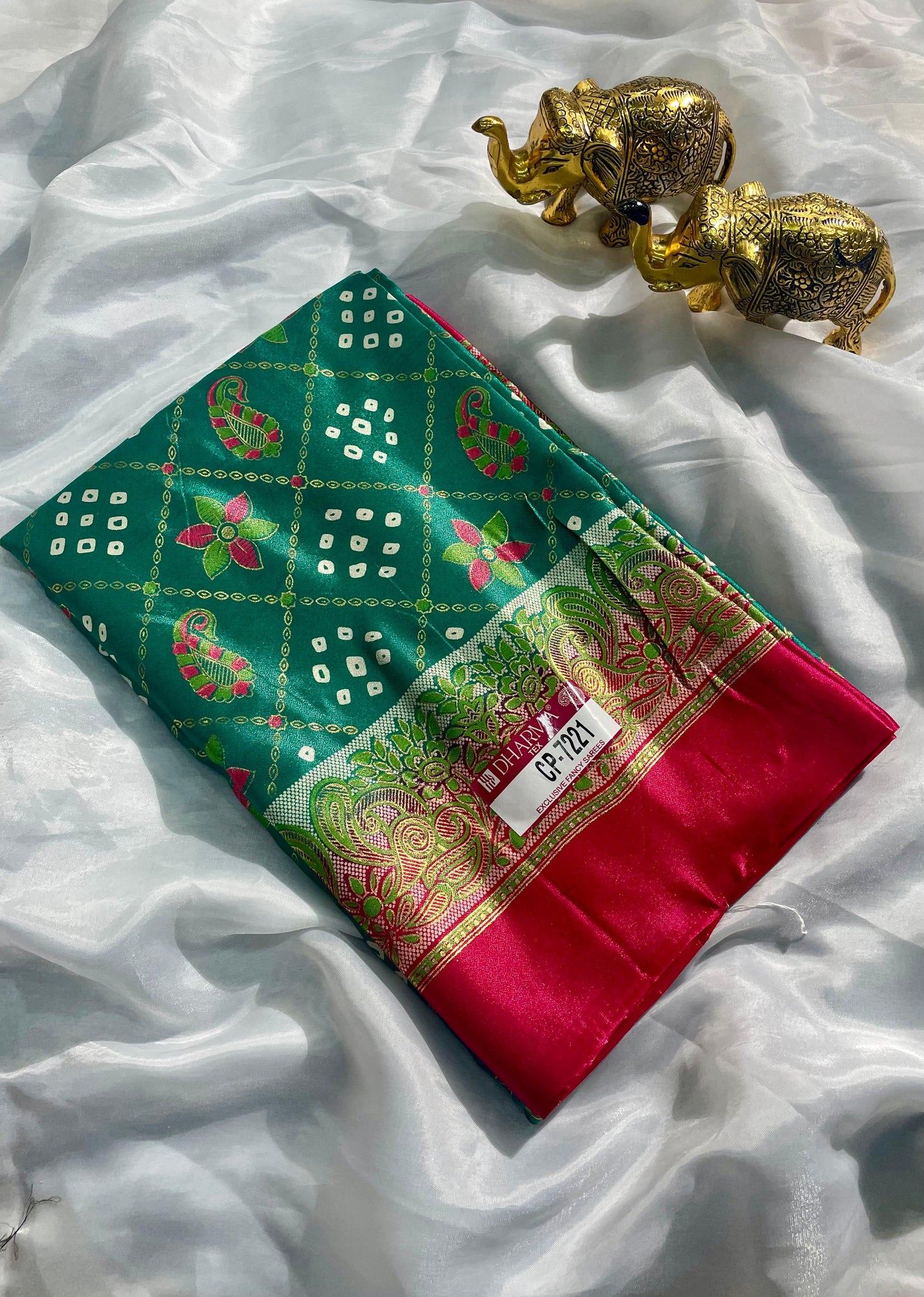 CP-7221 BRIGHT MOSS FABRIC SAREE WITH BEAUTIFUL DESIGN WITH RICH PALLU DESIGN WITH FLORAL PRINT BORDER WITH BLOUSE