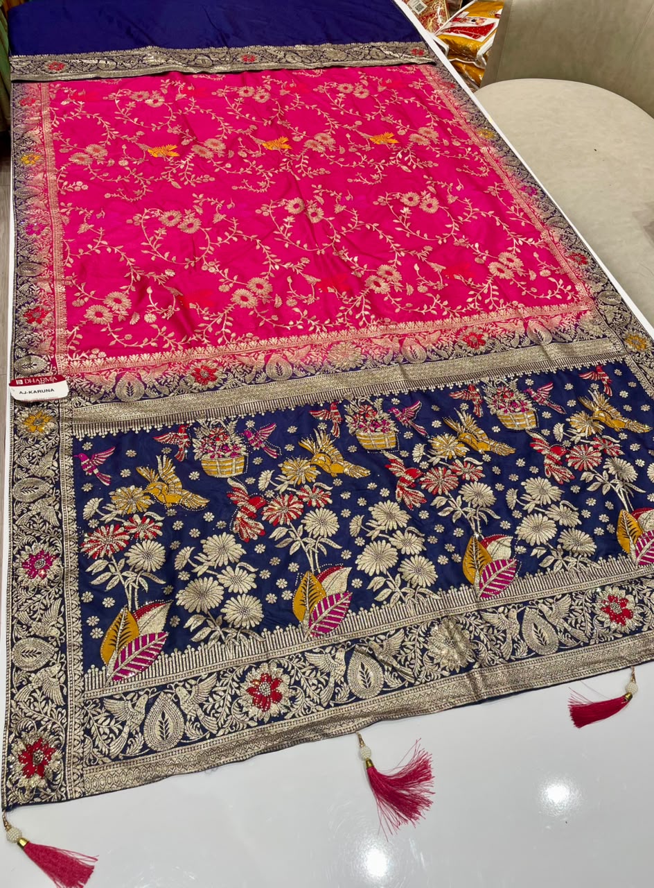 AJ-KARUNA DOLA FABRIC SAREE WITH RICH PALLU DESIGN WITH 2D DYING WITH FLORAL DESIGN ON BORDER WITH PIPING AND LATKAN WITH BLOUSE