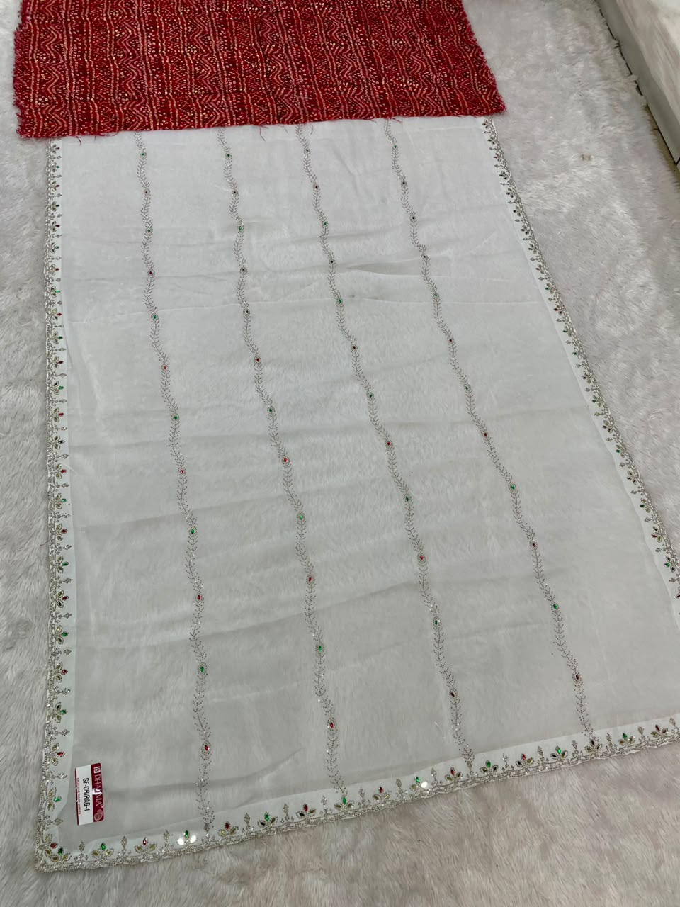 SF-CHIRAG-1 STAR GEORGETTE FABRIC SAREE WITH BEAUTIFUL DESIGN WITH MIRROR WORK WITH DMC SIROSKI WORK WITH BEAUTIFUL CONTRAST BANDHANI DESIGN BLOUSE