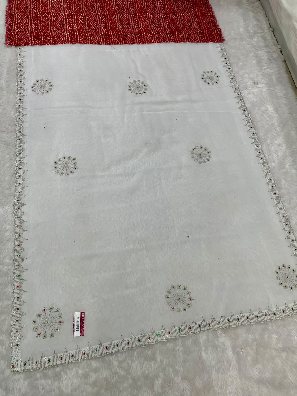 SF-CHIRAG-3 STAR GEORGETTE FABRIC SAREE WITH BEAUTIFUL DESIGN WITH MIRROR WORK WITH DMC SIROSKI WORK WITH BEAUTIFUL CONTRAST BANDHANI DESIGN BLOUSE