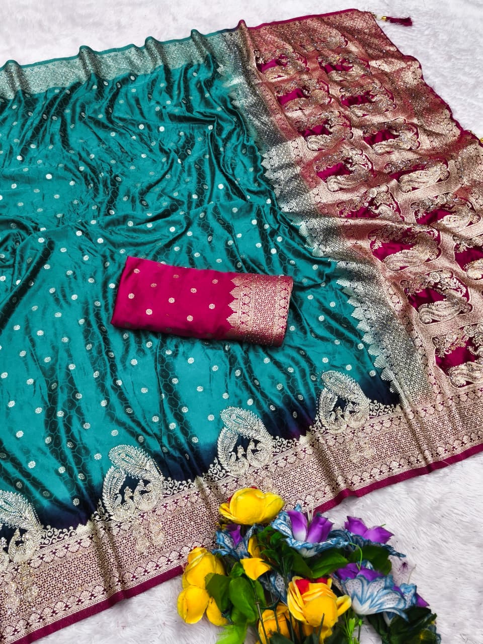 AJ-ROOPREKHA SATIN SILK SAREE WITH BEAUTIFUL JARKAN WORK ALL OVER WITH RICH PALLU PEACOCK DESIGN