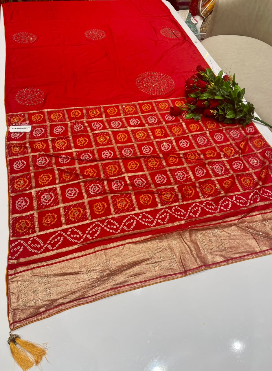 AJ-PARAMOUNT DOLA SILK FABRIC SAREE WITH BEAUTIFUL DESIGN WITH HEAVY RICH PALLU DESIGN WITH BOX DESIGN WITH LAGNI PATTA WORK WITH DIAMOND WORK WITH PIPING AND YTASSELS WITH BLOUSE