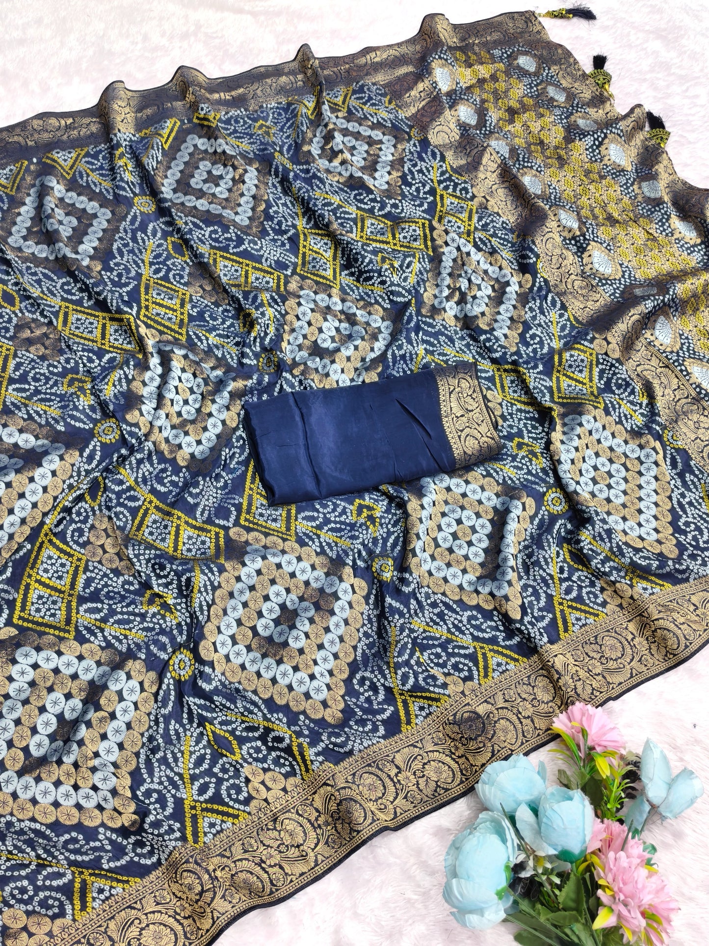 AJ-TANUSHREE VISCOS KHADDI GEORGETTE FABRIC SAREE WITH BEAUTIFUL DESIGN WITH RICH PALLU WITH BEAUTIFUL BANDHANI PRINT WITH FLORAL BORDER WITH BLOUSE
