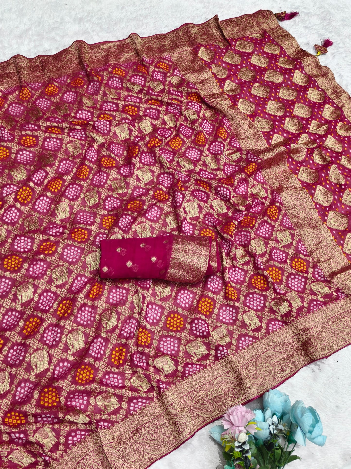 AJ-AVANI VISCOS KHADDI GEORGETTE FABRIC SAREE WITH BEAUTIFUL GAJRAJ DESIGN WITH RICH PALLU WITH BEAUTIFUL BANDHANI PRINT WITH FLORAL BORDER WITH BLOUSE