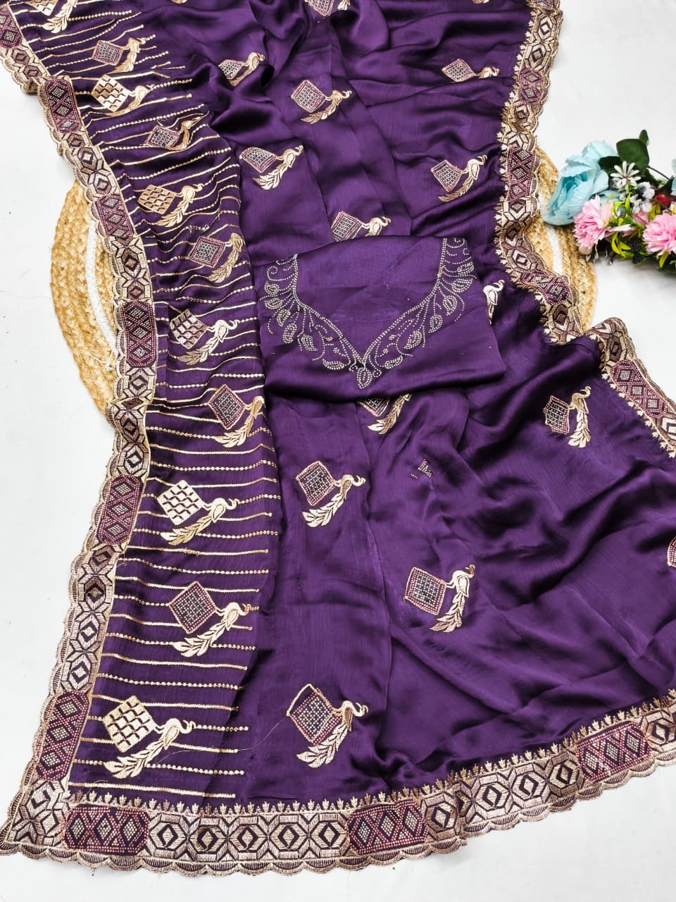 DF-BHUMI FENDI SATIN FABRIC SAREE WITH BEAUTIFUL EMBROIDERY MOTIFS WITH HEAVY DESIGNER BORDER AND PALLU WITH BLOUSE