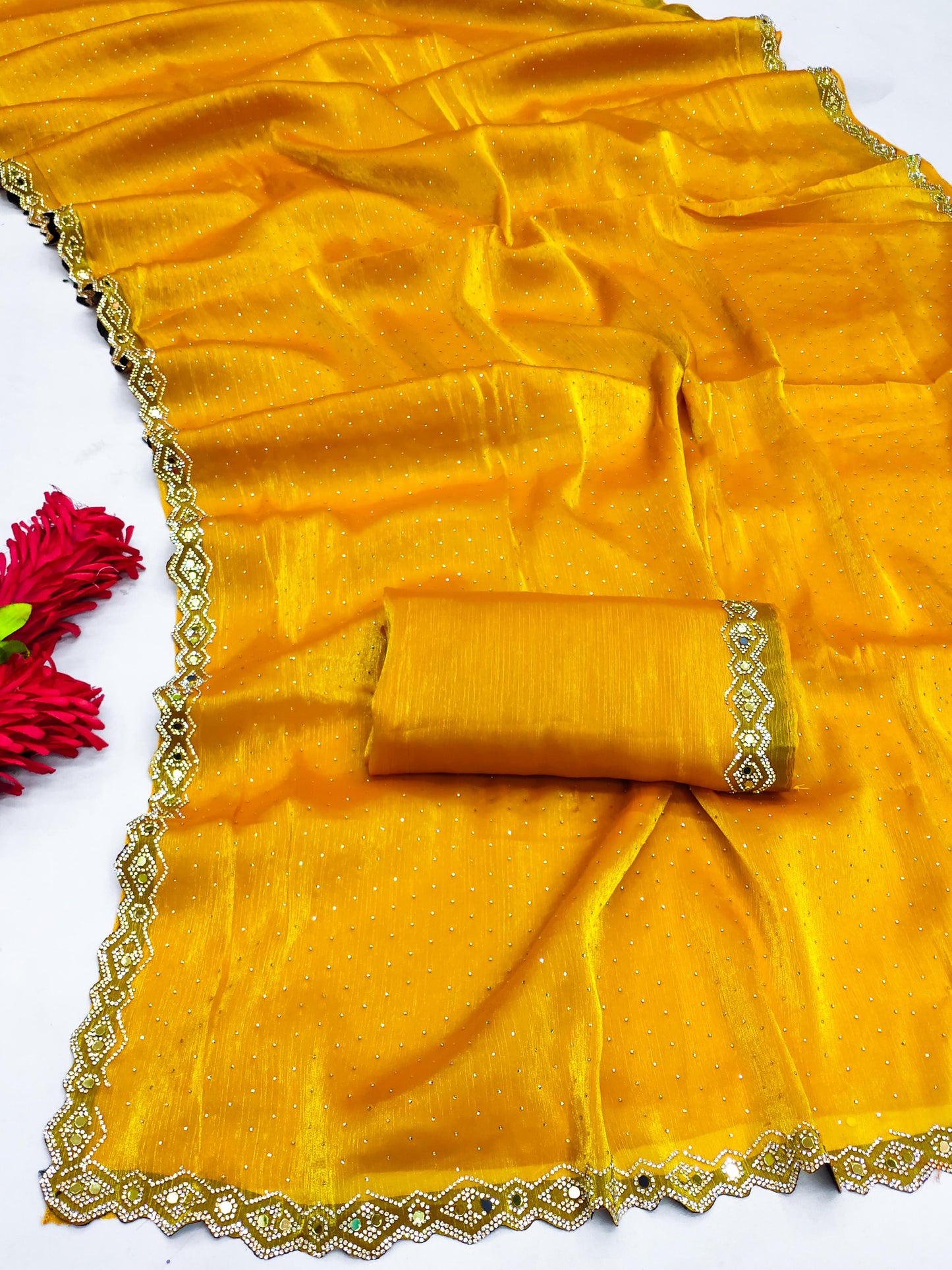 BS-JEWELLERY PREMIUM JIMMY CHOO DESGINER SAREE WITH HEAVY JHARKAN WORK ALL OVER WITH REAL GOLD MIRROR WORK