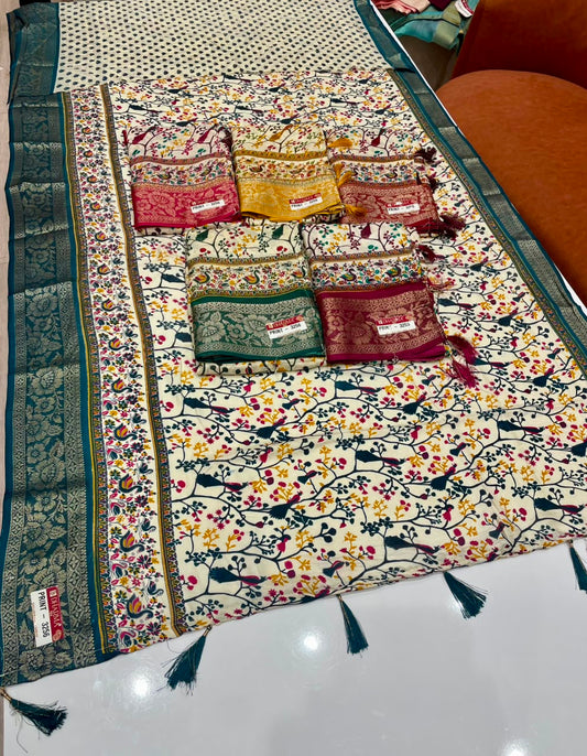 PRINT-3256 DOLA JACUARD FABRIC SAREE WITH WHITE COMMON AND BEATIFUL DESIGN WITH BEAUTIFUL KASHMIRI PATTERN DESIGN WITH 6.30 MTR CUT WITH BUTTI BLOUSE AND TASSELS