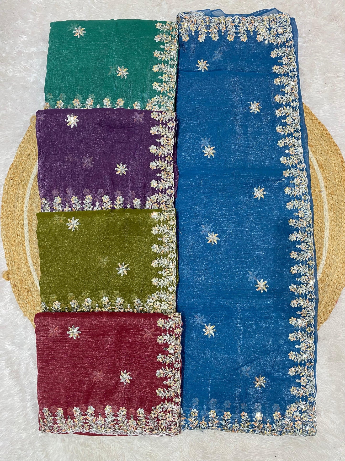 HT-LUCKY PREMIUM CRUNCHY SAREE WITH BEAUTIFUL THREAD WORK FLOWER DESIGN ALL OVER THE SAREE