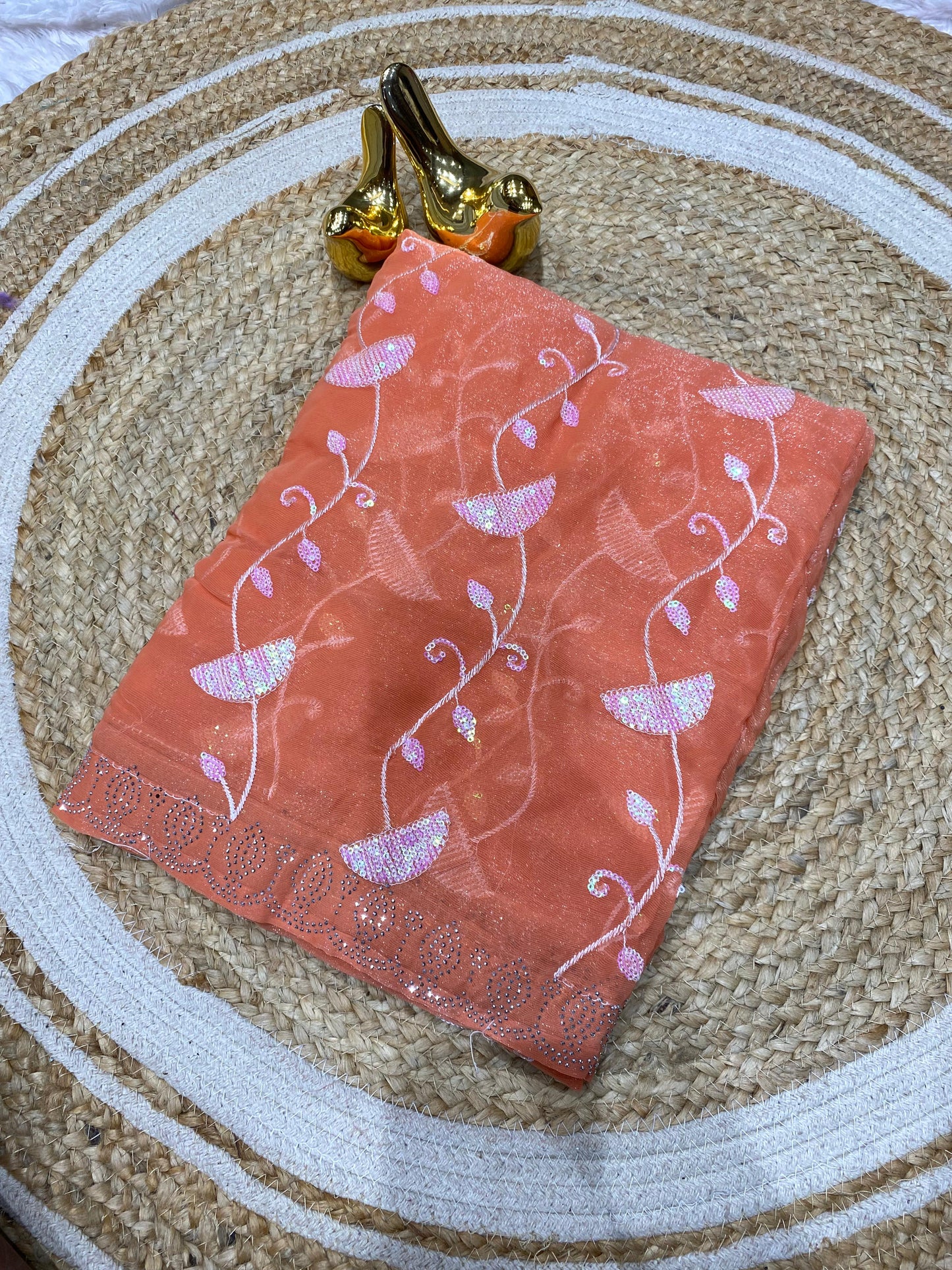 HT-Manchali Twil Net saree with unique sequence with siroski border