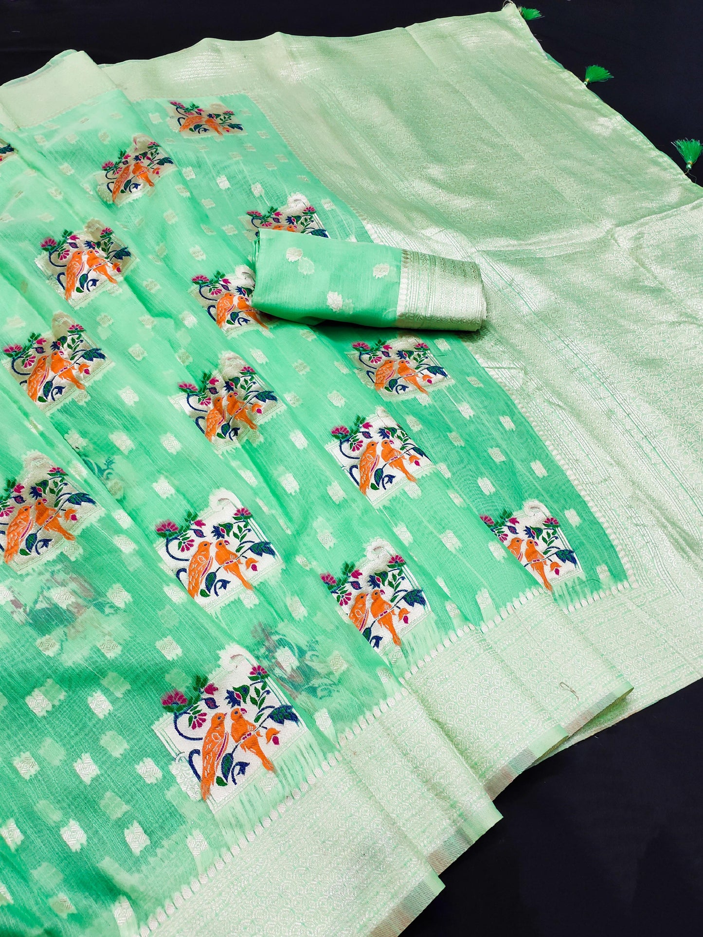 AJ-COTTON-PARROT PREMIUM SOFT COTTON SILK SAREE BEST FOR SUMMERS WITH BEAUTIFUL LIGHT COLOUR MATCHING WITH PARROT DESIGN WITH MEENA KARI WORK