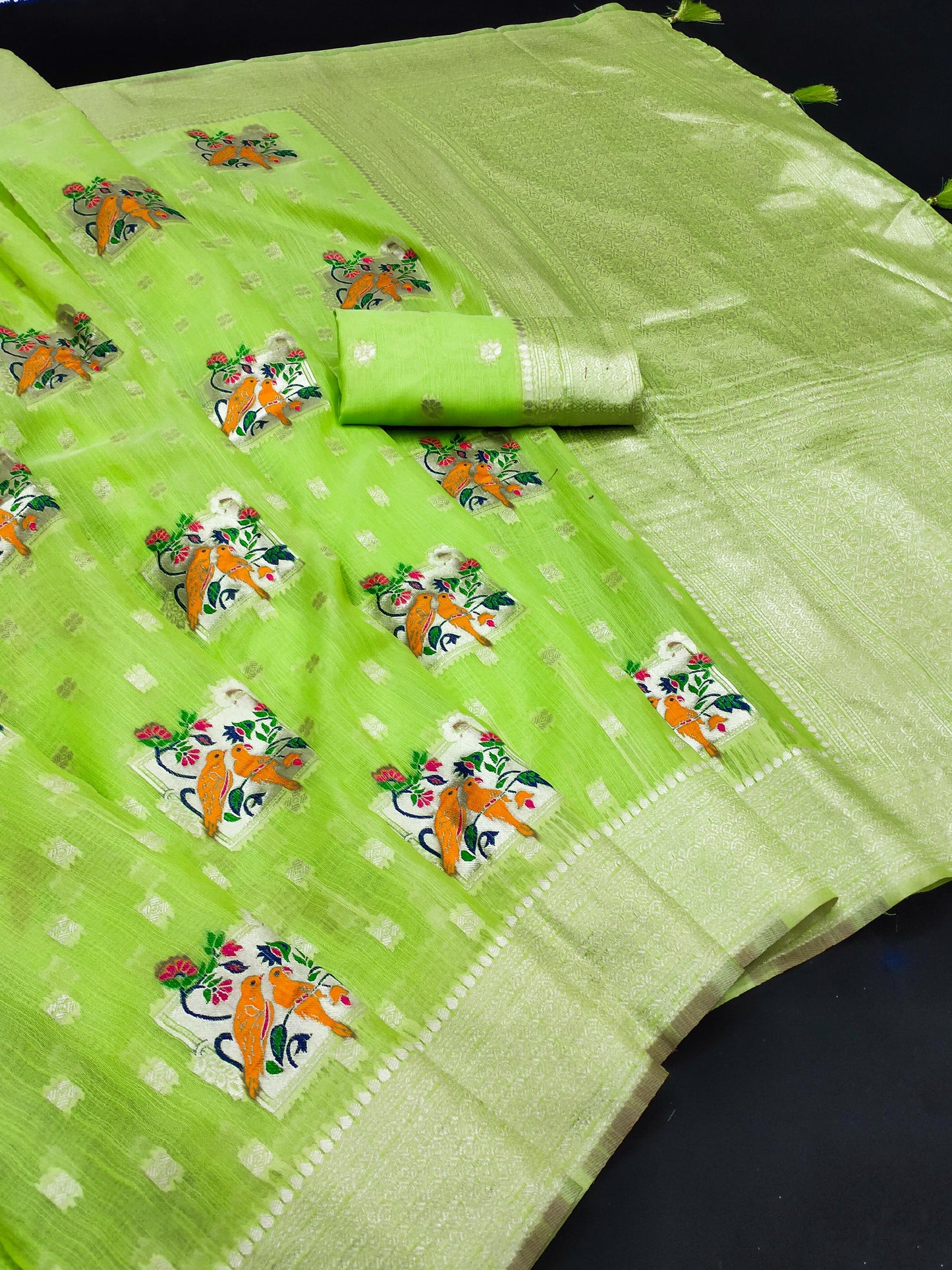 AJ-COTTON-PARROT PREMIUM SOFT COTTON SILK SAREE BEST FOR SUMMERS WITH BEAUTIFUL LIGHT COLOUR MATCHING WITH PARROT DESIGN WITH MEENA KARI WORK