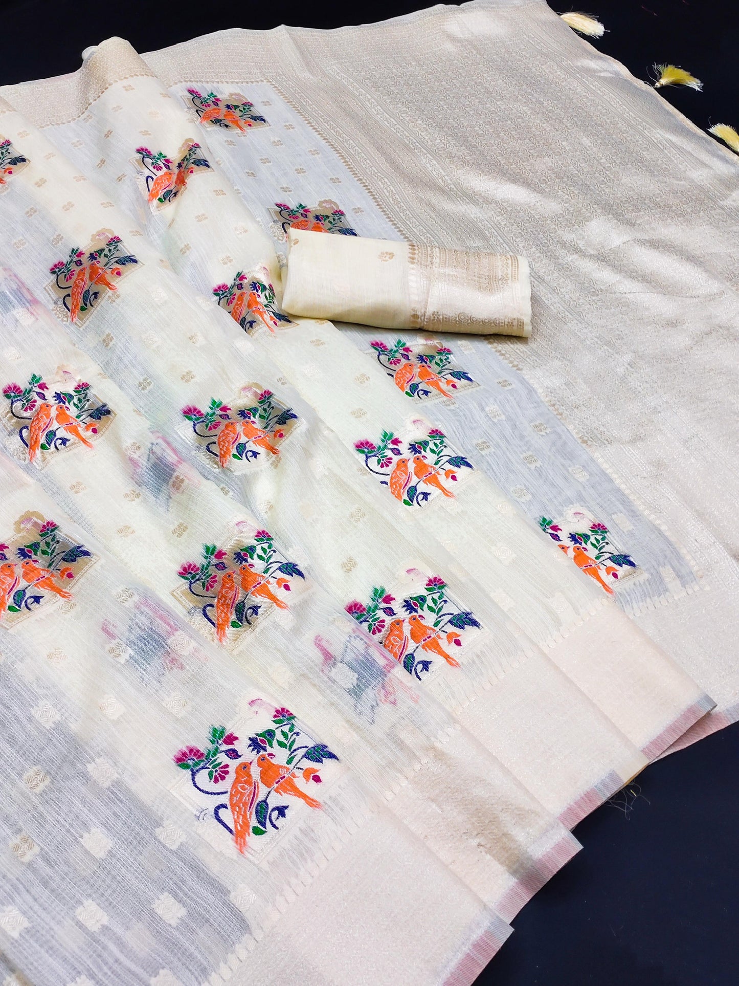 AJ-COTTON-PARROT PREMIUM SOFT COTTON SILK SAREE BEST FOR SUMMERS WITH BEAUTIFUL LIGHT COLOUR MATCHING WITH PARROT DESIGN WITH MEENA KARI WORK