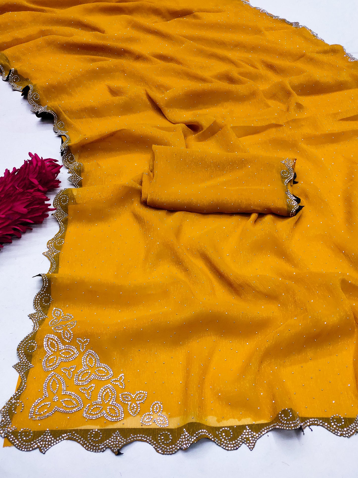 SW-BLADE PREMIUM SIMMER BLOOMING SAREE WITH JHARKHAN WORK STONE BORDER WITH STONE RAIN ALL OVER