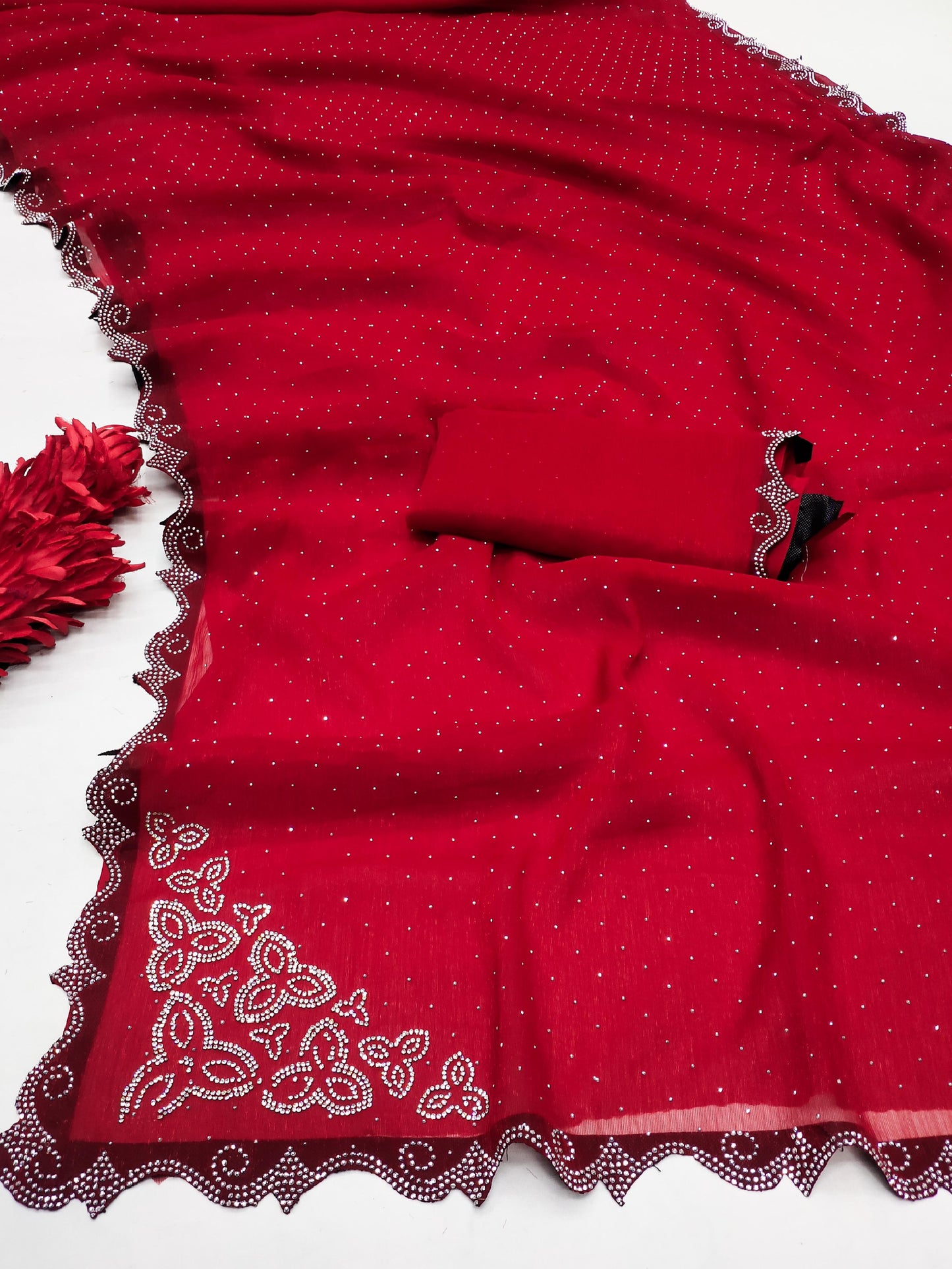 SW-BLADE PREMIUM SIMMER BLOOMING SAREE WITH JHARKHAN WORK STONE BORDER WITH STONE RAIN ALL OVER