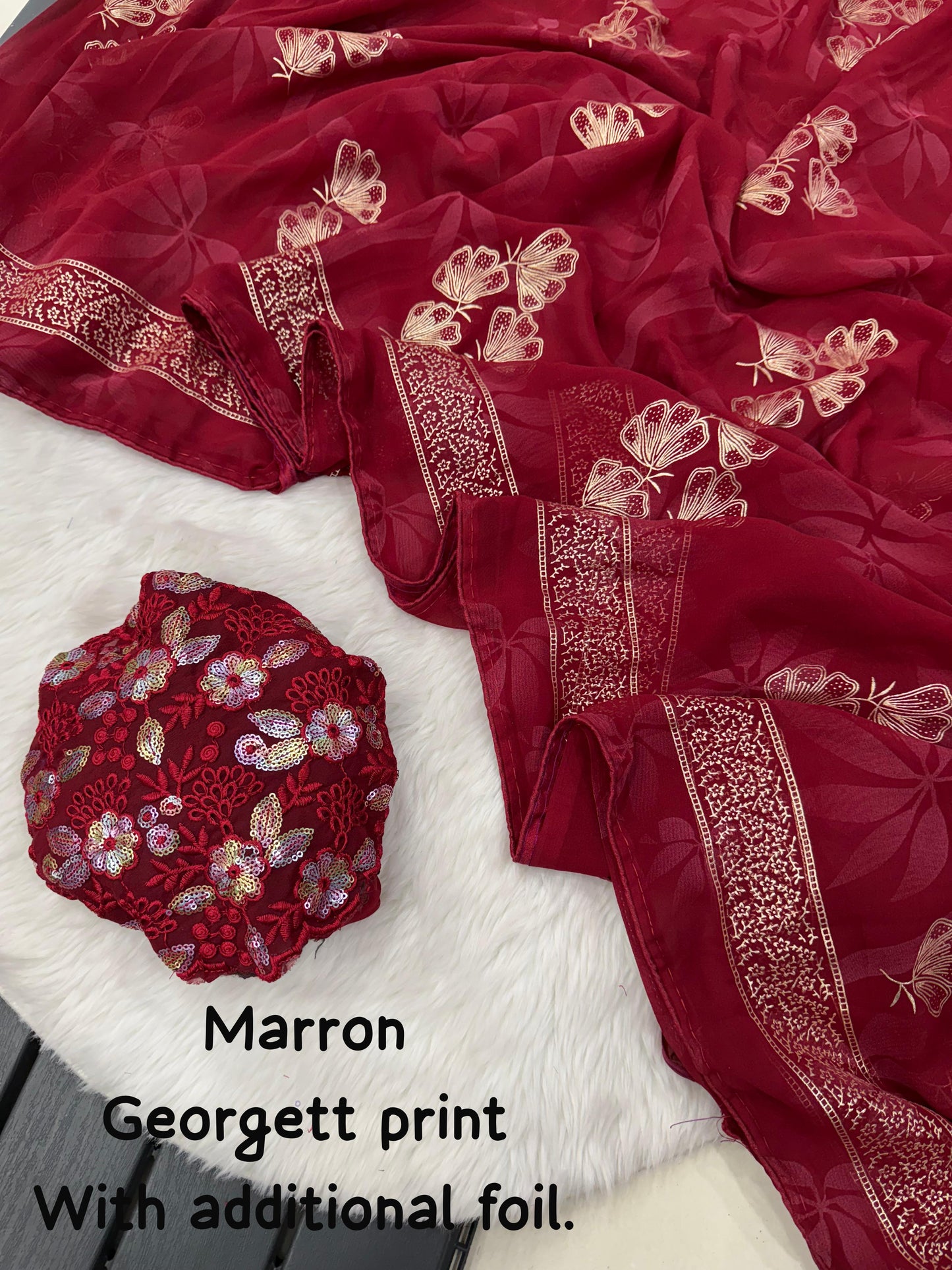 NN-2005 Georgette print fabric with additional smoke work with beautiful leather foil with heavy tone to tone embroidary blouse