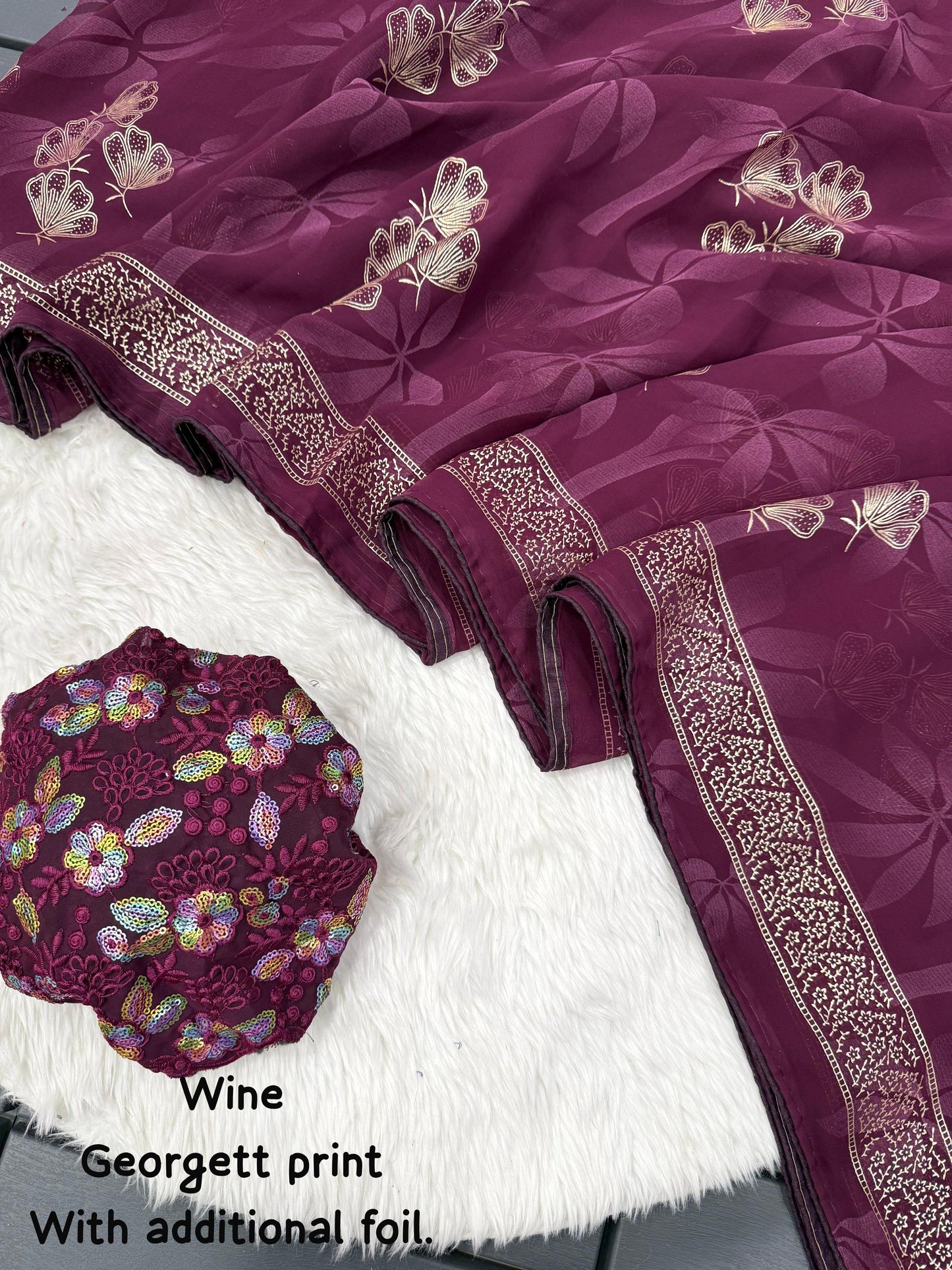 NN-2005 Georgette print fabric with additional smoke work with beautiful leather foil with heavy tone to tone embroidary blouse