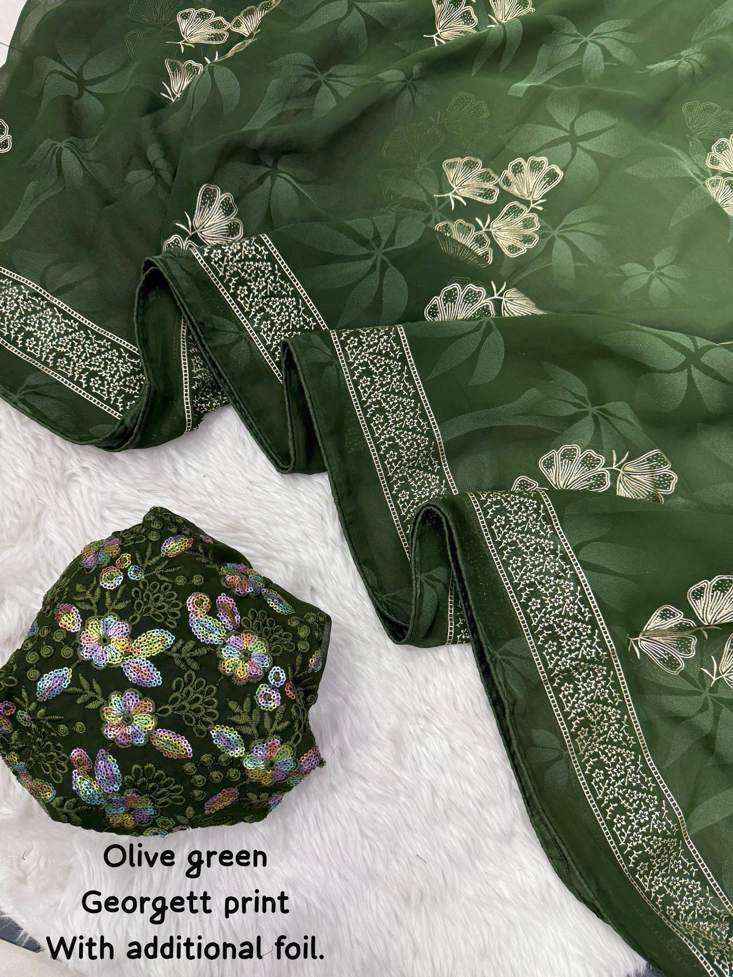 NN-2005 Georgette print fabric with additional smoke work with beautiful leather foil with heavy tone to tone embroidary blouse