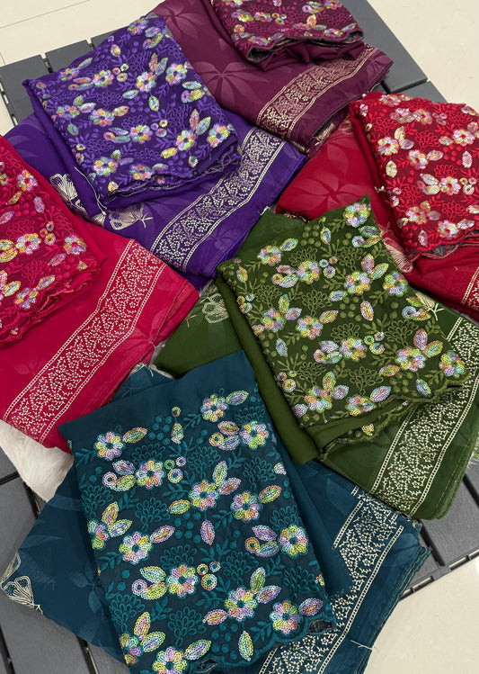 NN-2005 Georgette print fabric with additional smoke work with beautiful leather foil with heavy tone to tone embroidary blouse