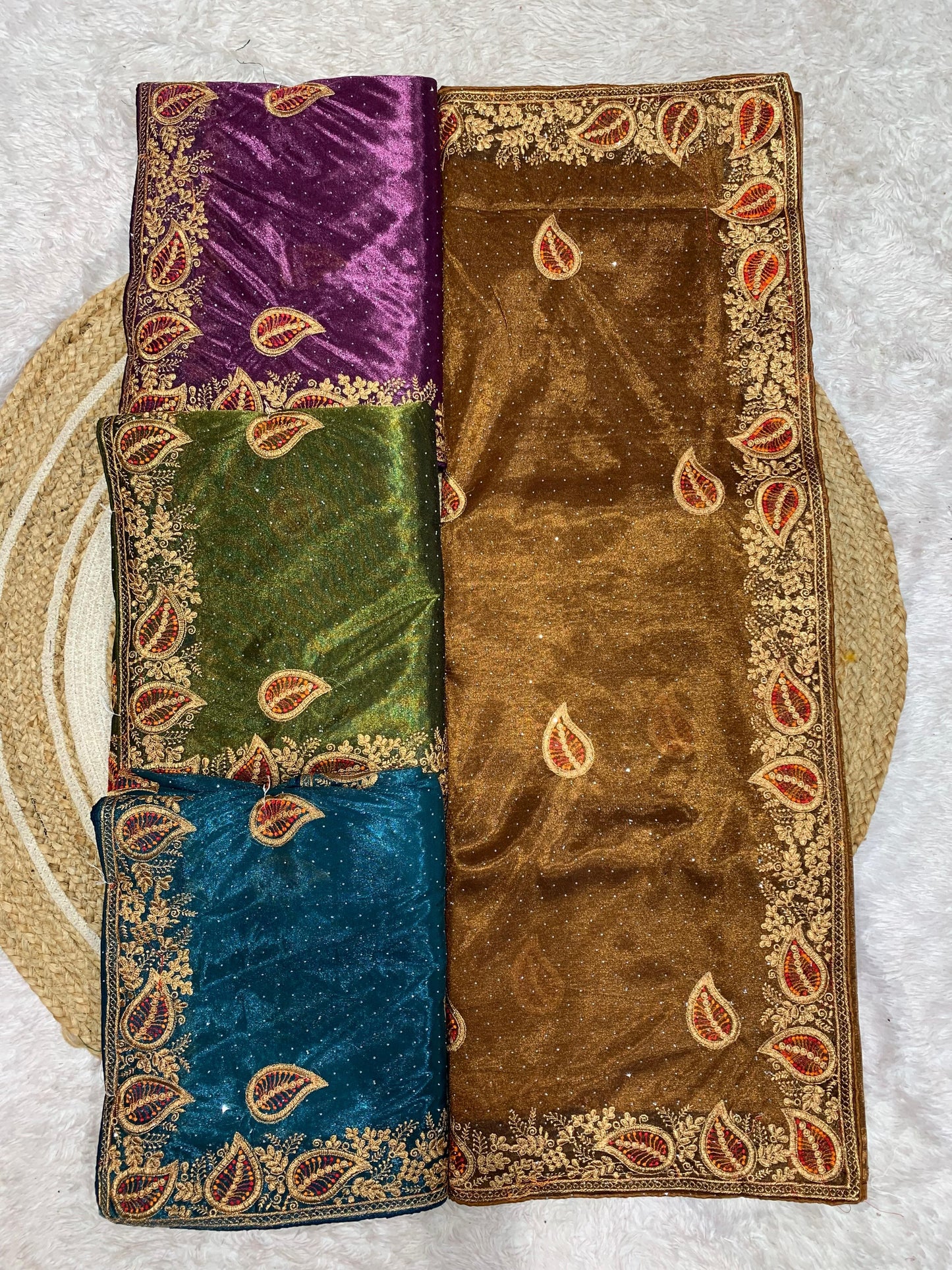 SJ-MORPANKH PREMIUM TWILL NET SAREE WITH BEAUTIFUL LEAF DOUBLE JAREE WORK WITH SWROSKI ALL OVER