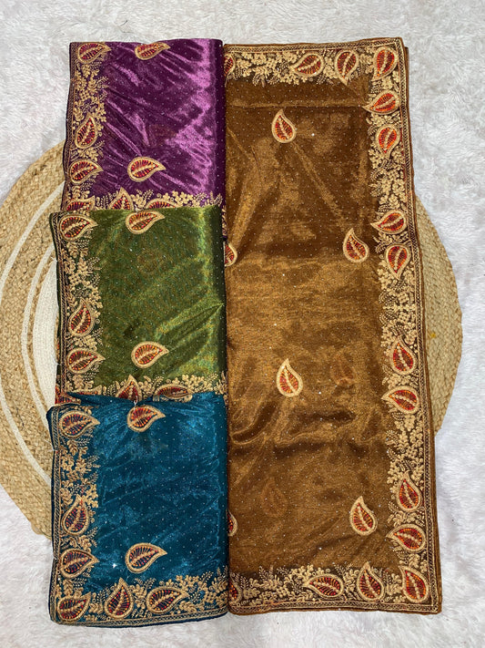 SJ-MORPANKH PREMIUM TWILL NET SAREE WITH BEAUTIFUL LEAF DOUBLE JAREE WORK WITH SWROSKI ALL OVER