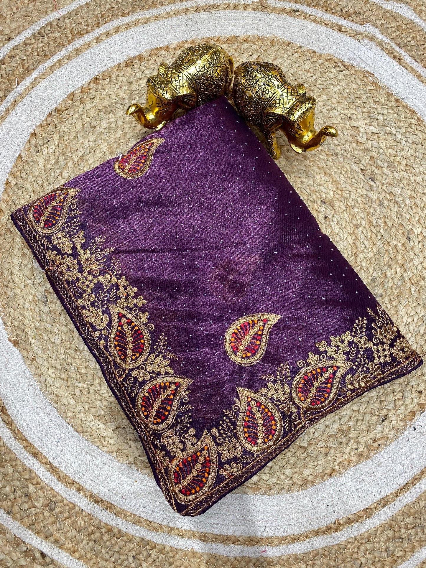 SJ-MORPANKH PREMIUM TWILL NET SAREE WITH BEAUTIFUL LEAF DOUBLE JAREE WORK WITH SWROSKI ALL OVER