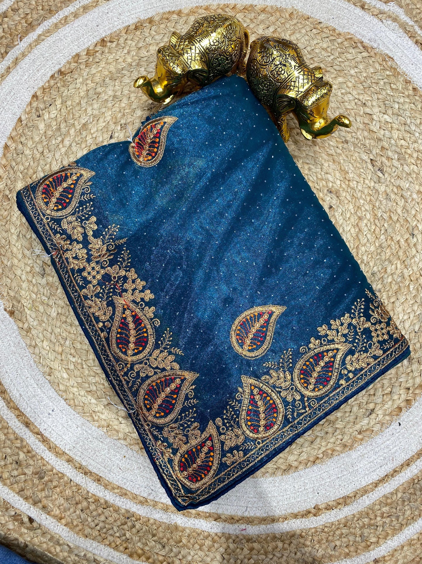 SJ-MORPANKH PREMIUM TWILL NET SAREE WITH BEAUTIFUL LEAF DOUBLE JAREE WORK WITH SWROSKI ALL OVER
