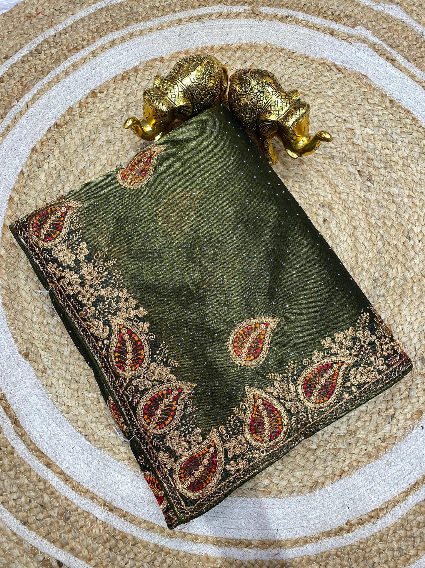 SJ-MORPANKH PREMIUM TWILL NET SAREE WITH BEAUTIFUL LEAF DOUBLE JAREE WORK WITH SWROSKI ALL OVER
