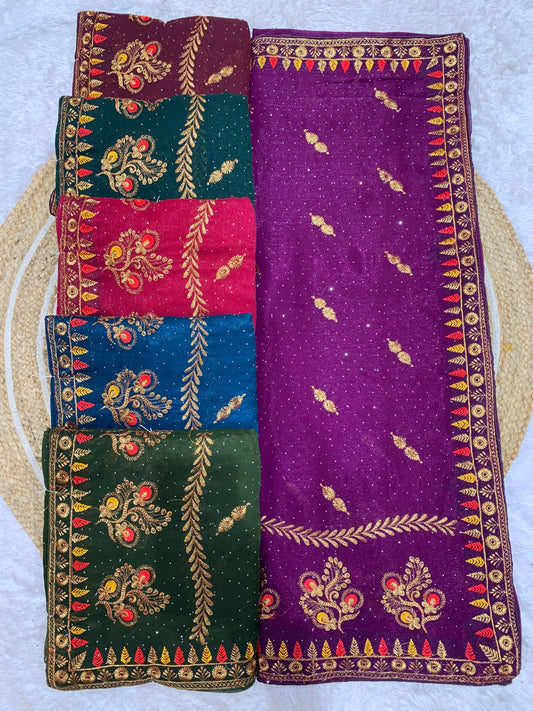 SJ-SIMRAN PREMIUM SIMMER SAREE WITH HEAVY EMBROIDERY WORK WITH LEAF DESIGN WITH SIROSKI ALL OVER