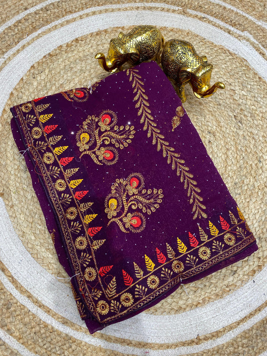 SJ-SIMRAN PREMIUM SIMMER SAREE WITH HEAVY EMBROIDERY WORK WITH LEAF DESIGN WITH SIROSKI ALL OVER