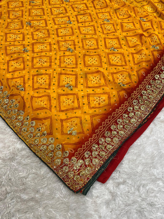 KAS-ELAICHI SOFT GEORGETTE BANDHANI SAREE WITH JAREE WORK WITH HAND DIAMOND