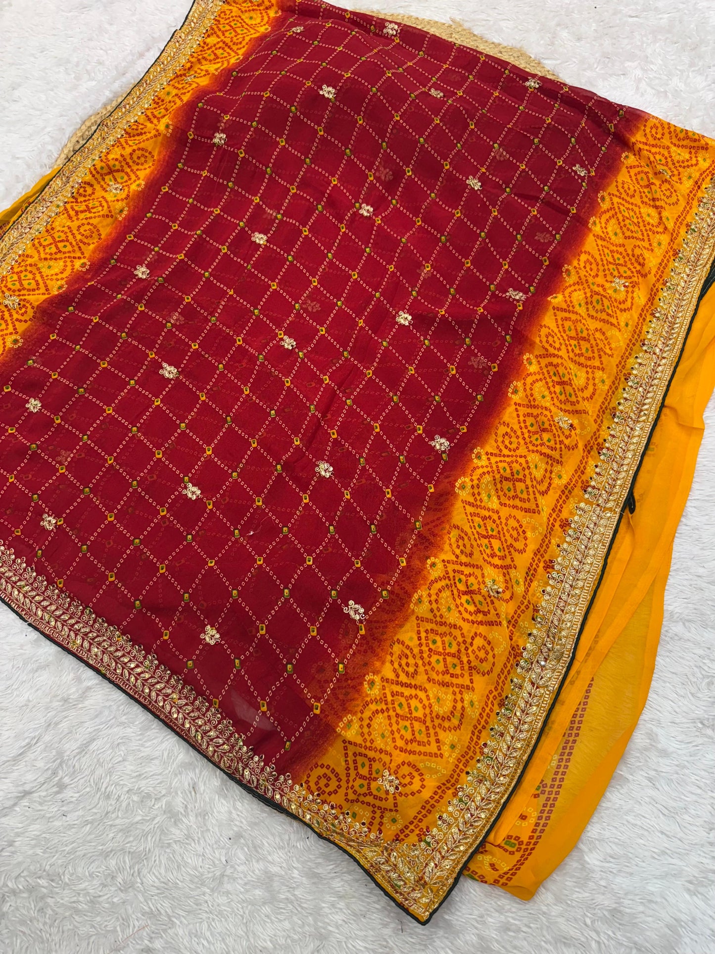 KAS-ELAICHI SOFT GEORGETTE BANDHANI SAREE WITH JAREE WORK WITH HAND DIAMOND