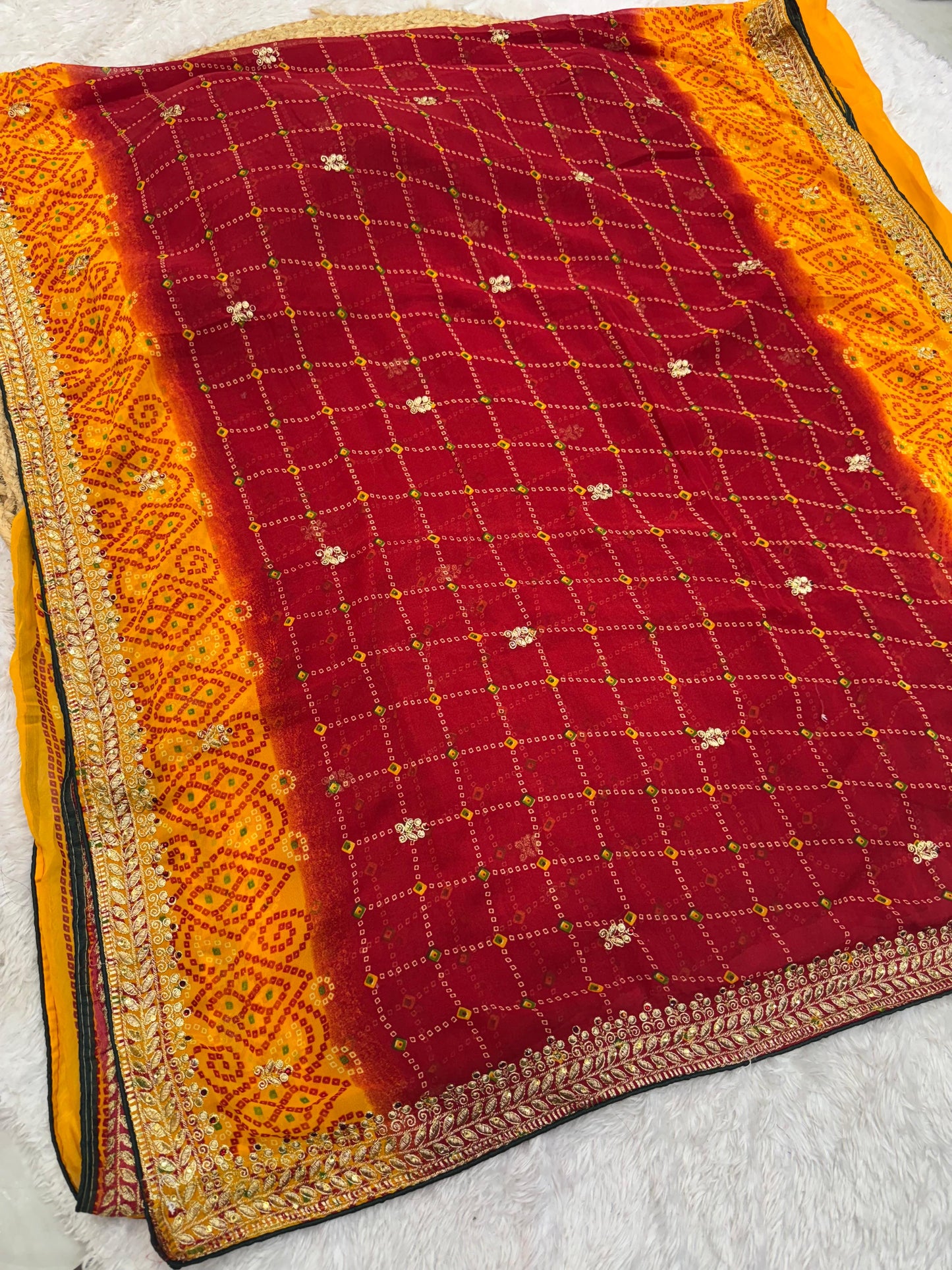 KAS-ELAICHI SOFT GEORGETTE BANDHANI SAREE WITH JAREE WORK WITH HAND DIAMOND