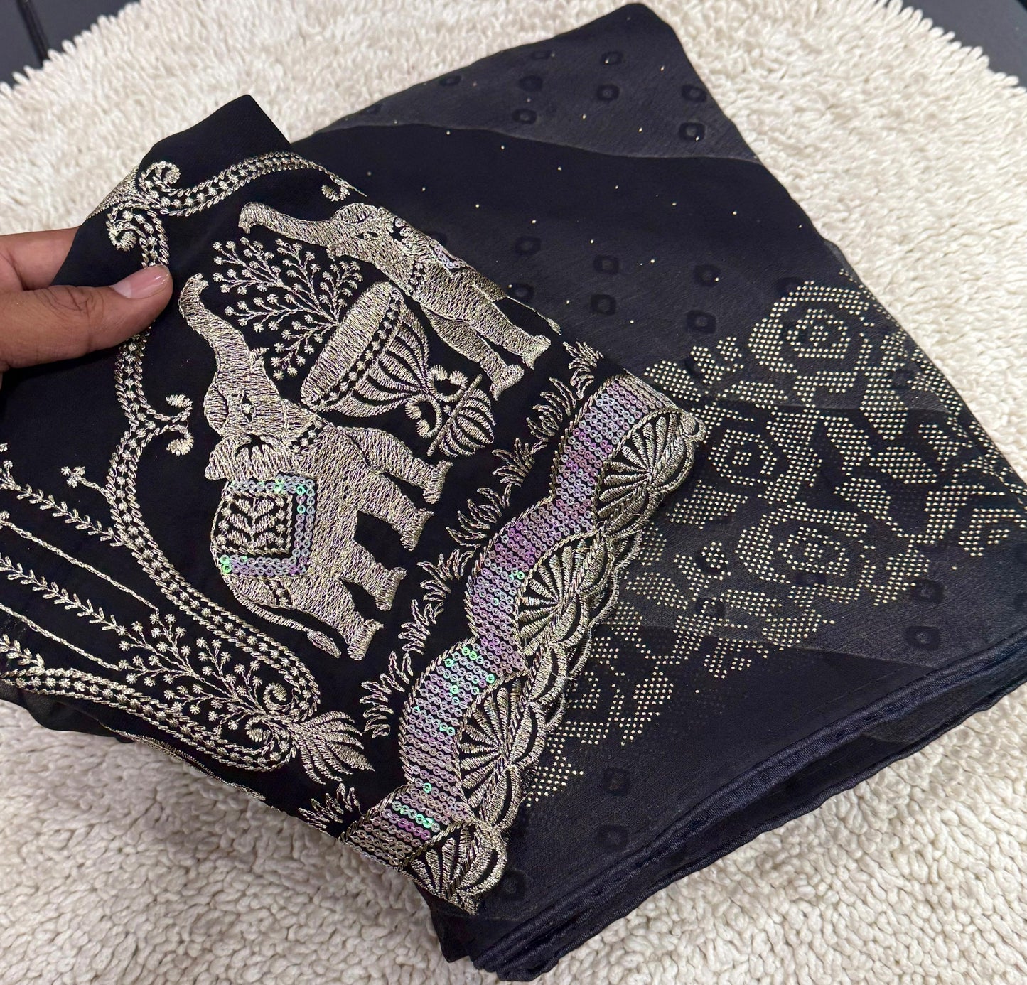 NN-2007 PREMIUM Georgette fabric with beautiful print with panel coarding foil allover saree.