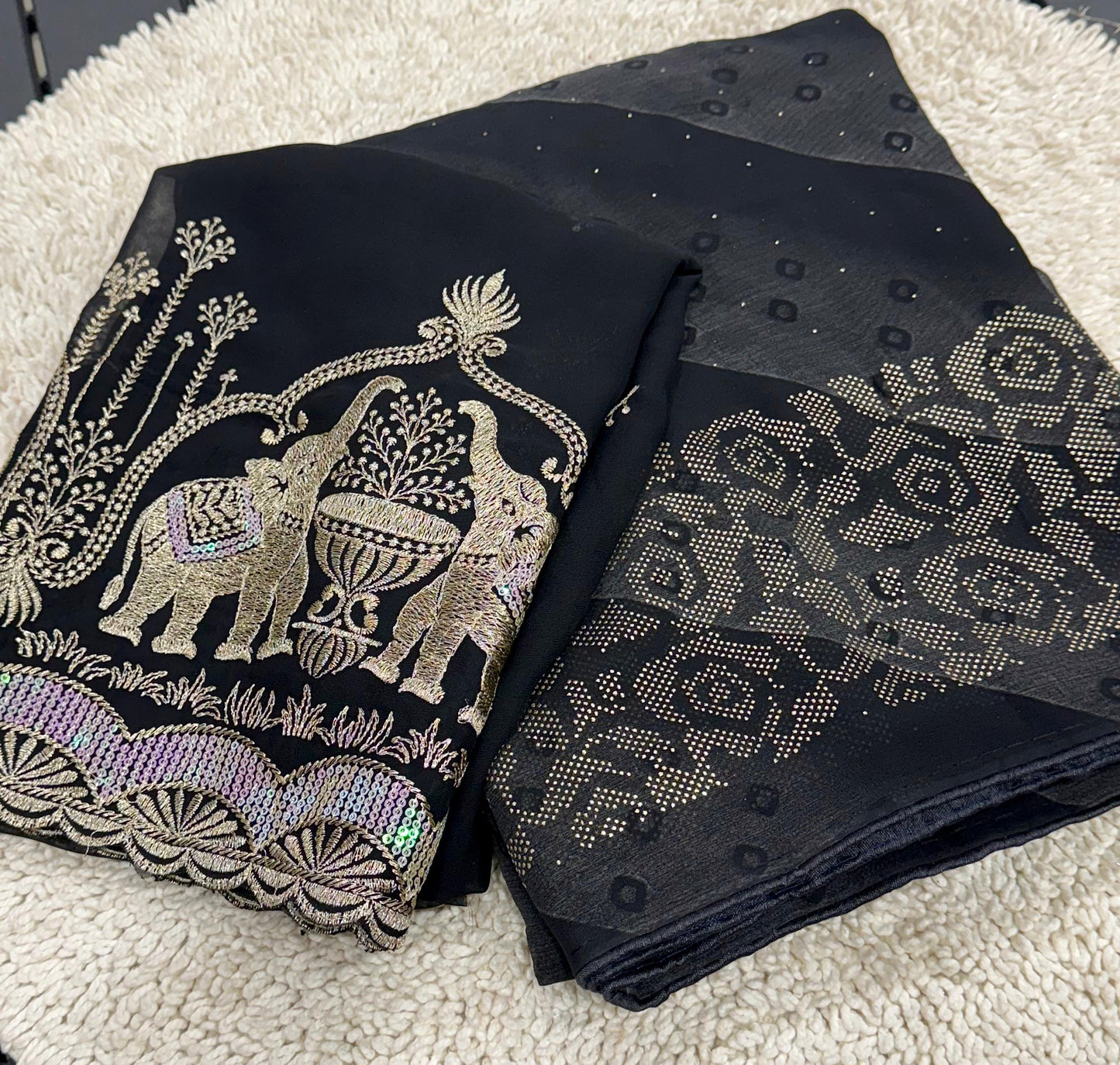 NN-2007 PREMIUM Georgette fabric with beautiful print with panel coarding foil allover saree.