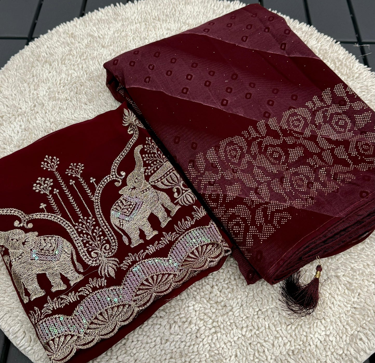 NN-2007 PREMIUM Georgette fabric with beautiful print with panel coarding foil allover saree.