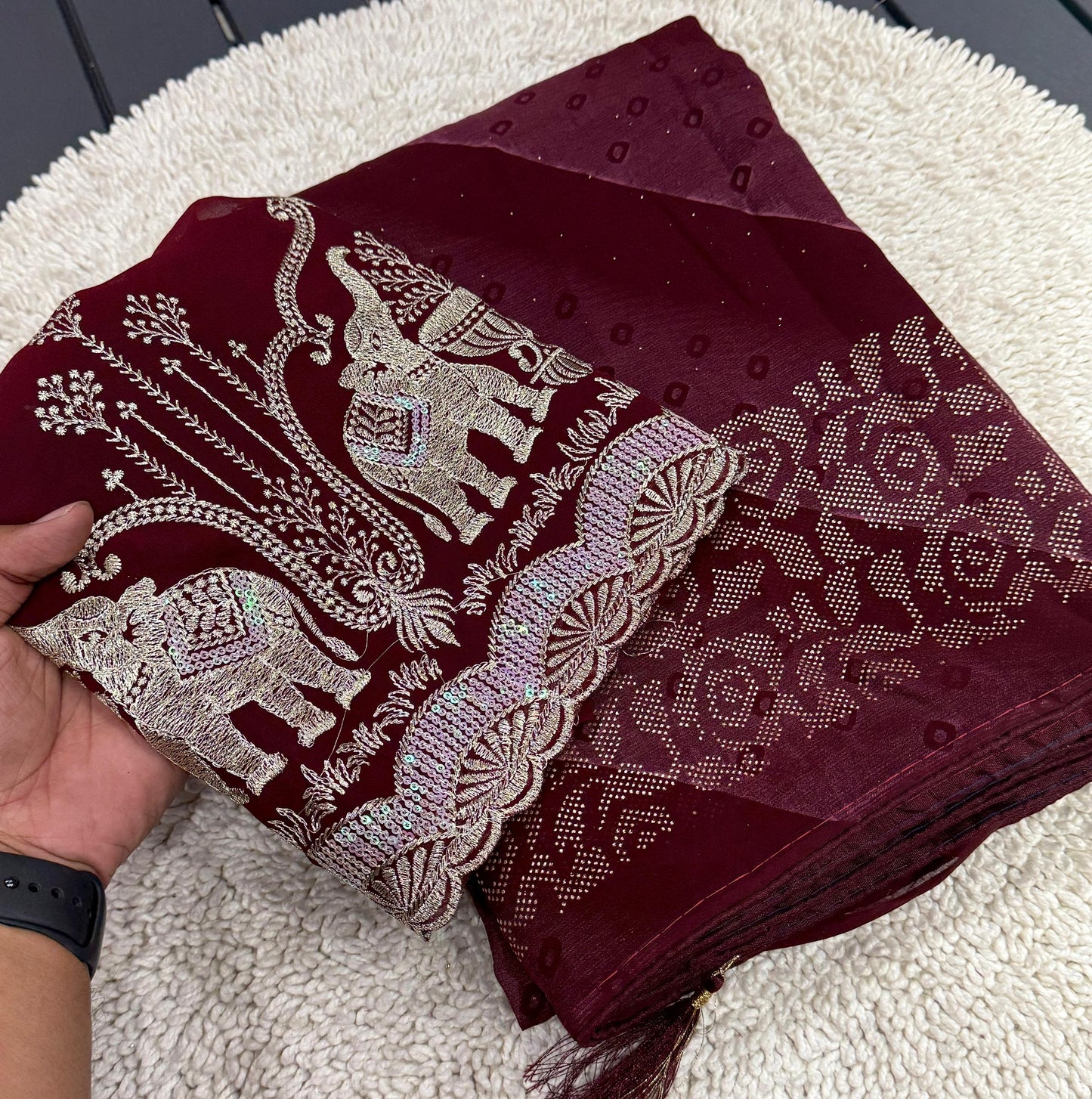 NN-2007 PREMIUM Georgette fabric with beautiful print with panel coarding foil allover saree.
