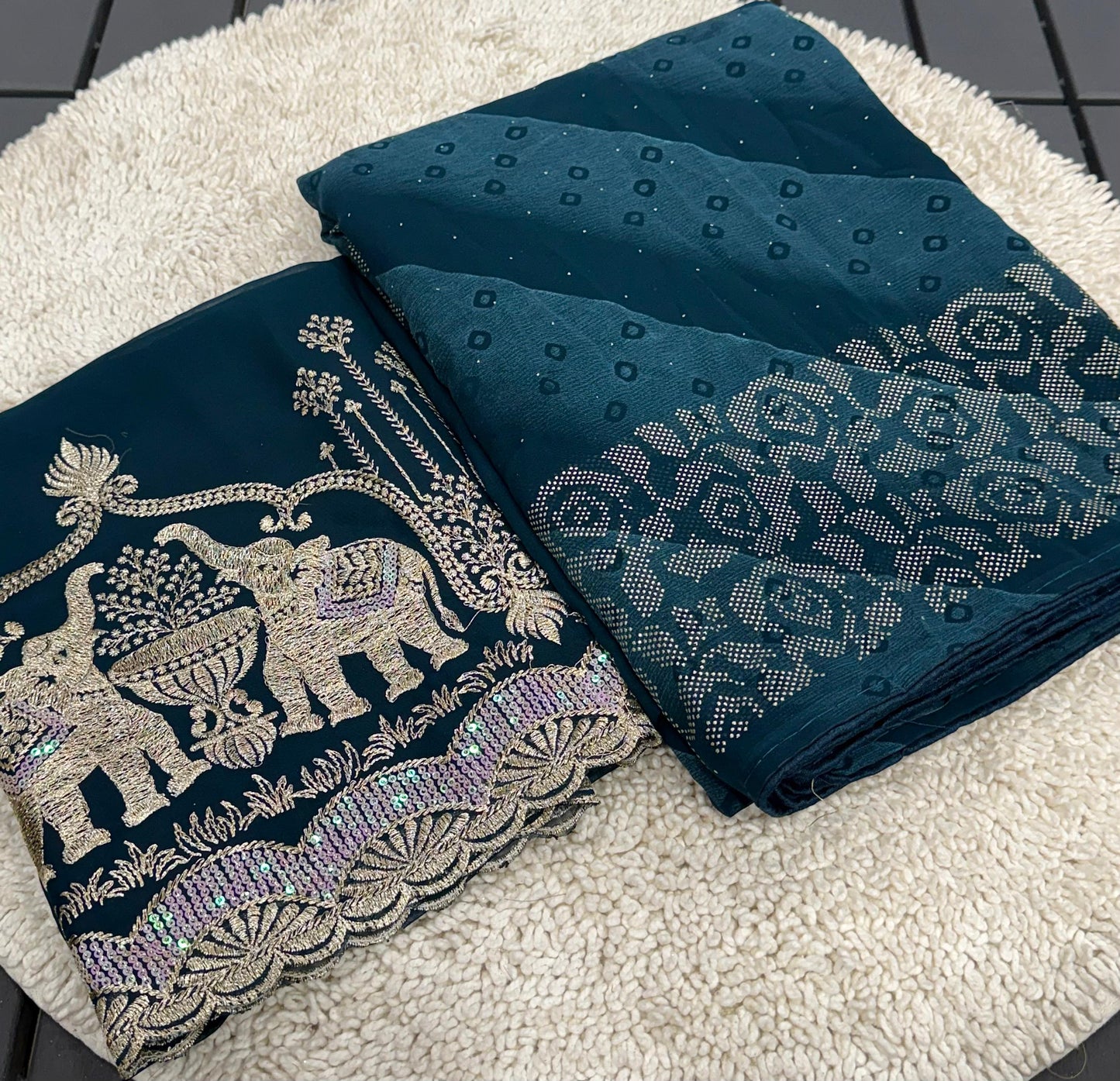 NN-2007 PREMIUM Georgette fabric with beautiful print with panel coarding foil allover saree.