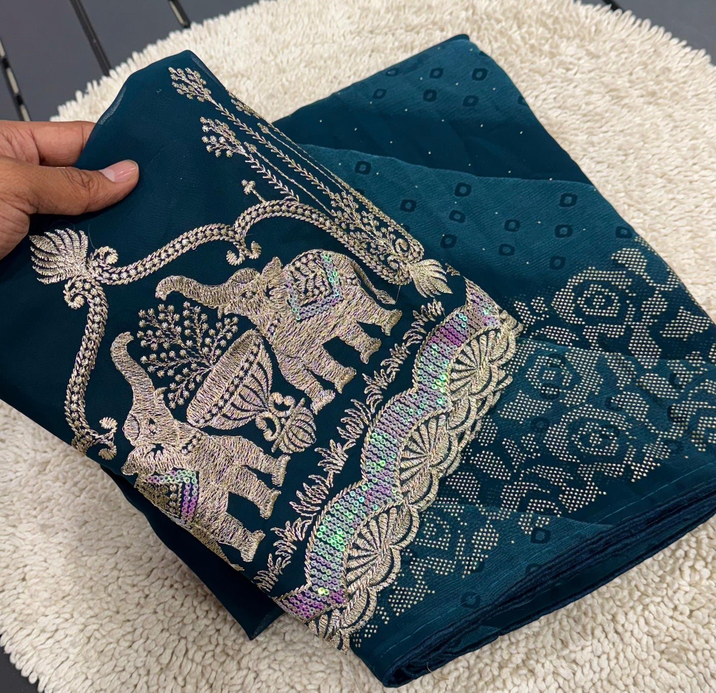 NN-2007 PREMIUM Georgette fabric with beautiful print with panel coarding foil allover saree.