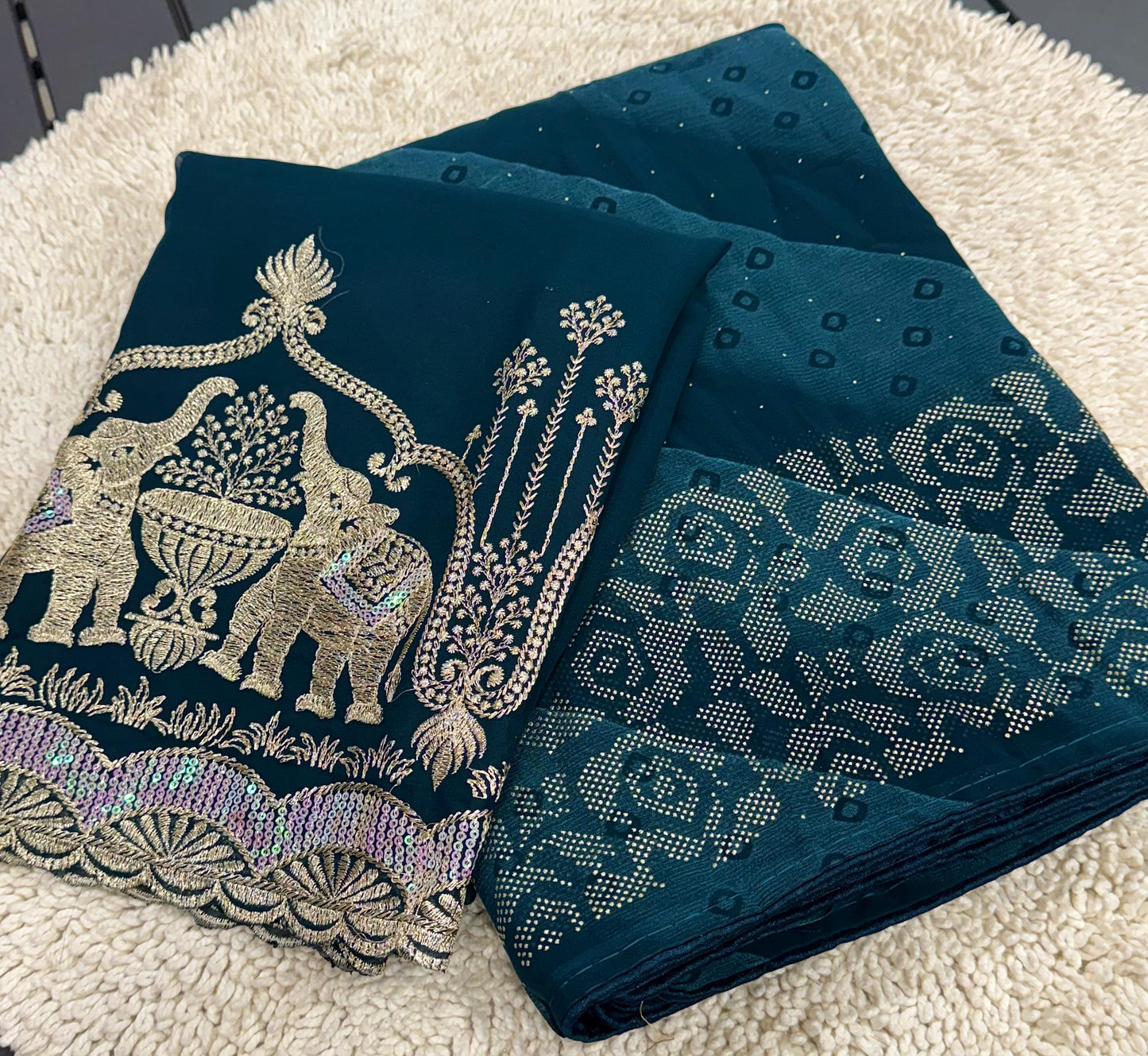 NN-2007 PREMIUM Georgette fabric with beautiful print with panel coarding foil allover saree.
