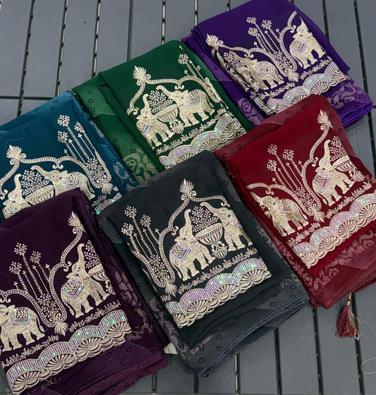 NN-2007 PREMIUM Georgette fabric with beautiful print with panel coarding foil allover saree.