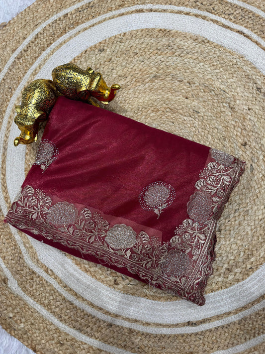 SJ-MAHARAJA PREMIUM TWILL NET SAREE WITH HEAVY EMBROIDERY WITH C-PALLU DESIGN WITH SIROSKI ON BHUTA