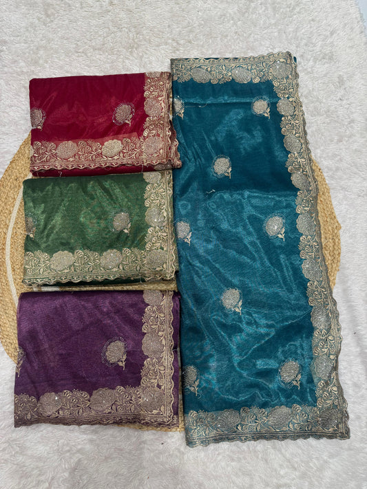 SJ-MAHARAJA PREMIUM TWILL NET SAREE WITH HEAVY EMBROIDERY WITH C-PALLU DESIGN WITH SIROSKI ON BHUTA