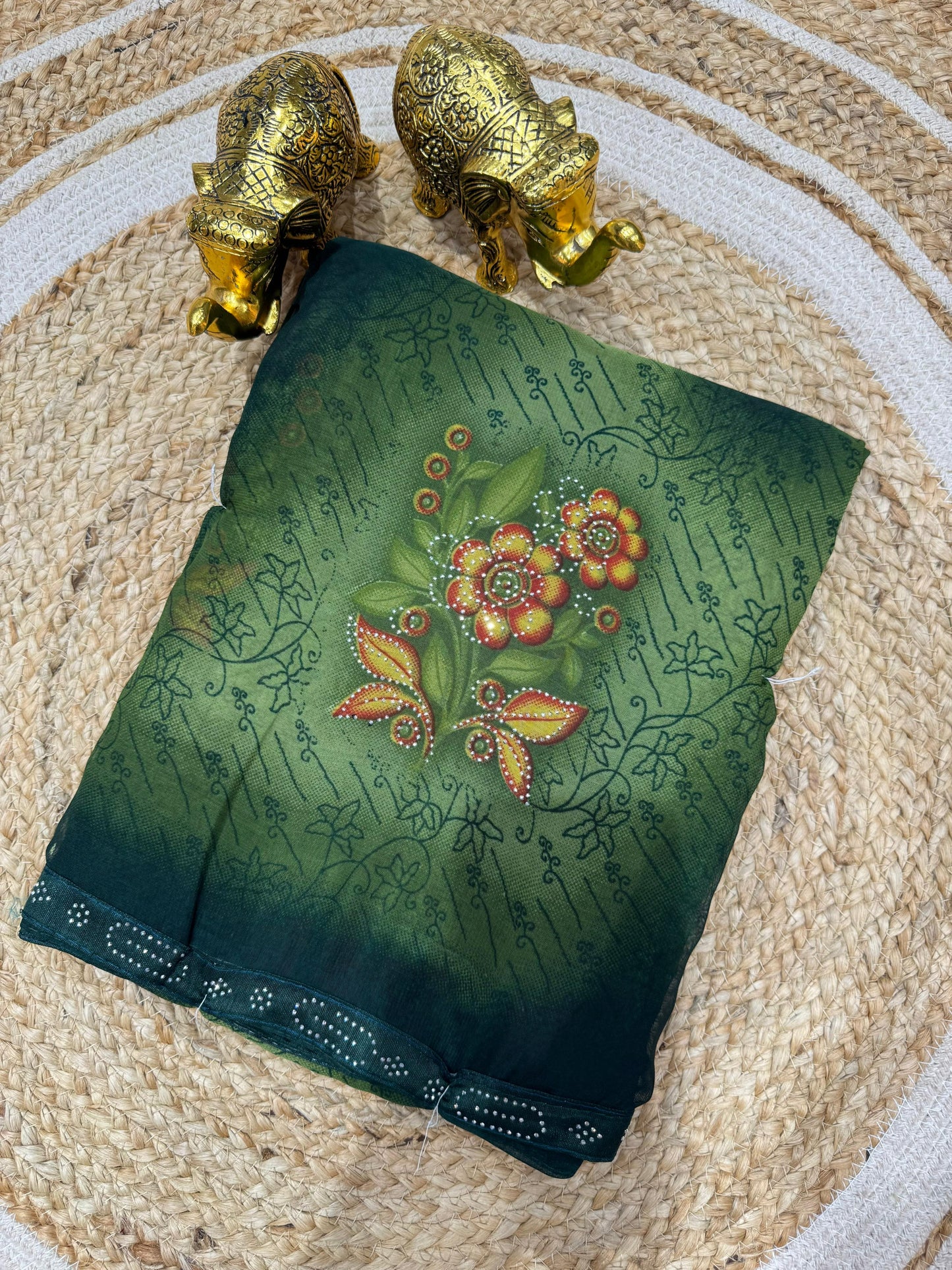 RR-SUNFLOWER WEIGHTLESS SAREE WITH BEAUTIFUL PRINT DESIGN WITH SIROSKI ON BUTTA AND WITH SIROSKI LACE